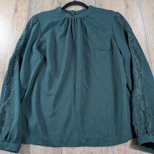 Brooks Brothers Top Womens 16 Green Lace Sleeve High Neck Preppy NWT $129.50
